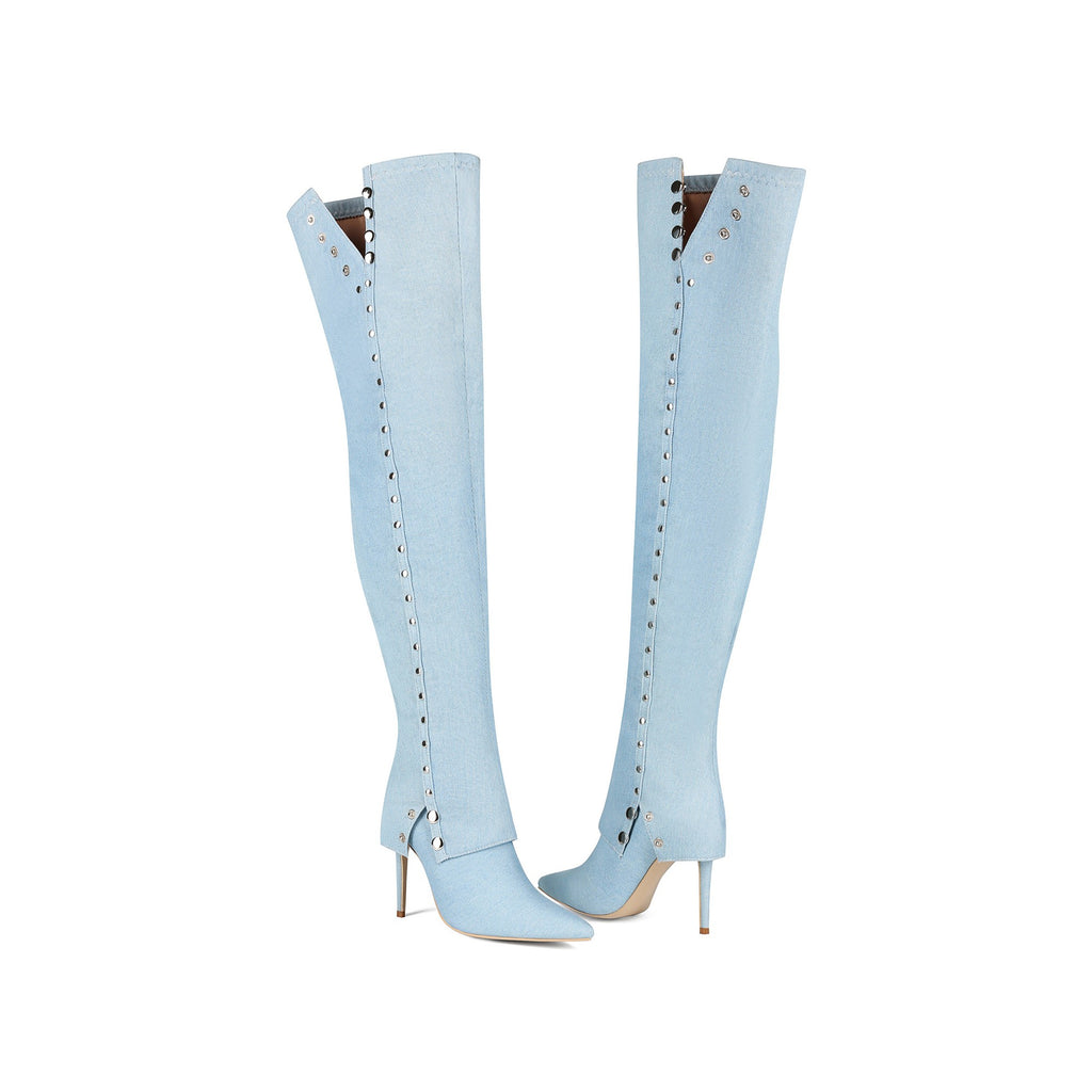baby blue pointed toe stiletto thigh-high boots with silver stud details
