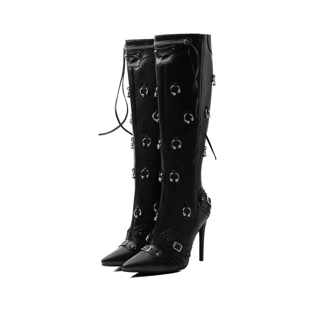 black pointed toe stiletto knee-high boots with silver piercing rings
