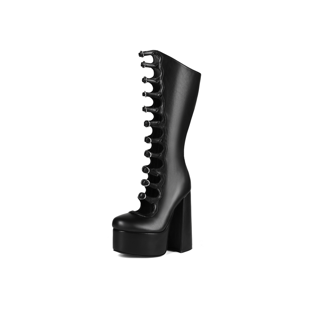 Black platform knee high boots with chunky block heels and side cutout lace-up metal rings for women.