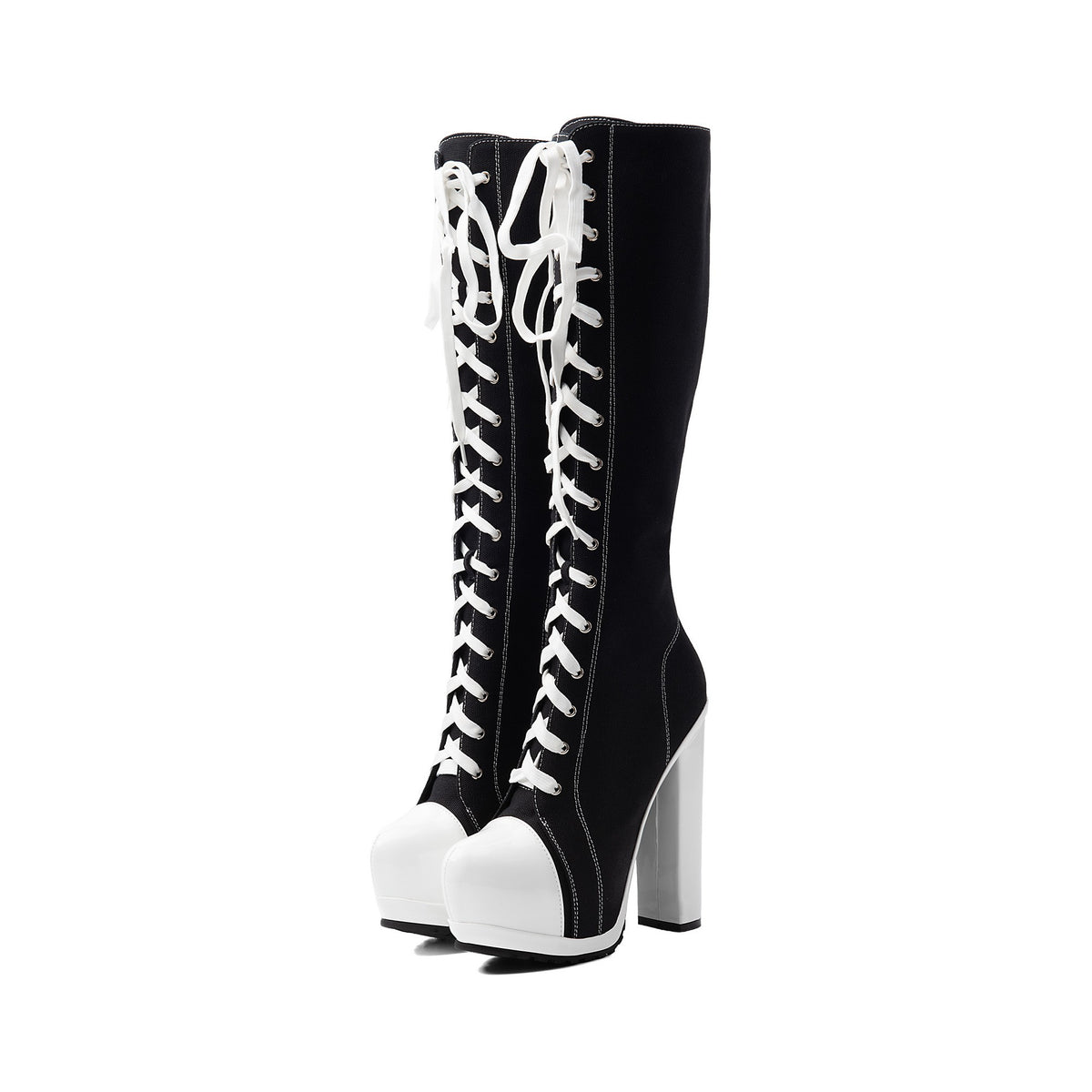 black and white canvas lace-up knee-high platform chunky heel boots