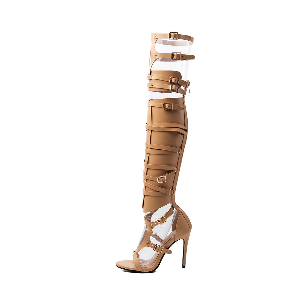 women's nude multi-buckle strappy thigh-high gladiator stiletto heel boot
