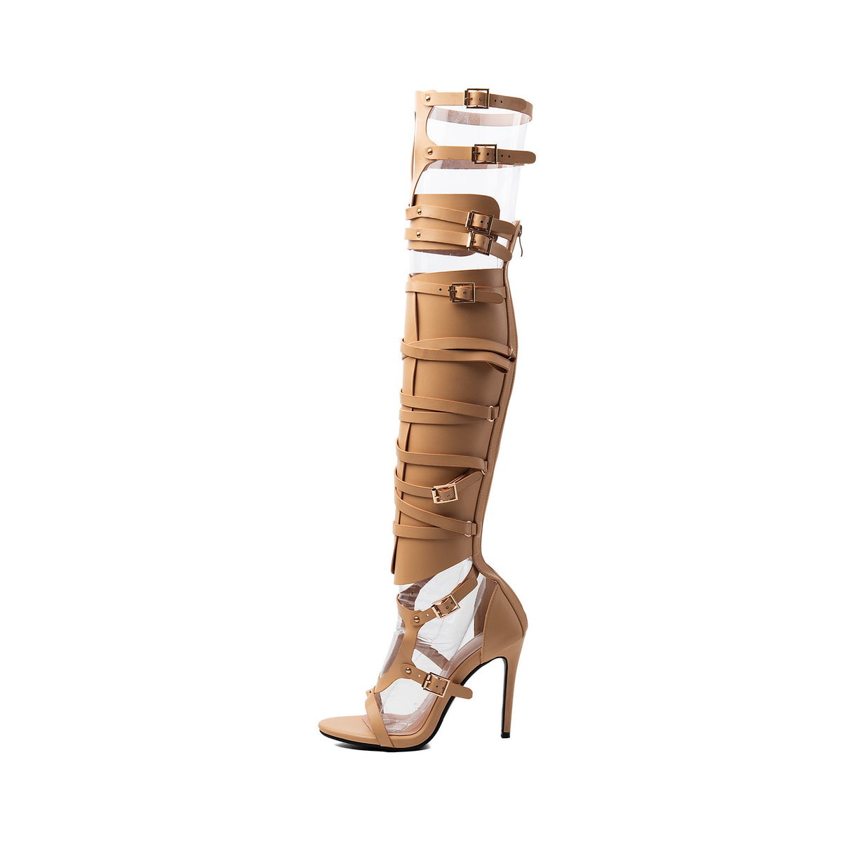 women's nude multi-buckle strappy thigh-high gladiator stiletto heel boot
