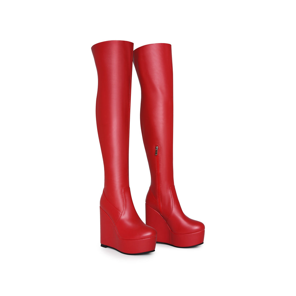 Red Platform Wedge Thigh-High Boots – High Heel Over-the-Knee Boots