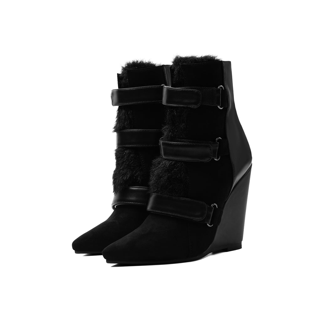 Pointed-Toe Sculpted Wedge Ankle Boots – Suede Black High Heel Booties