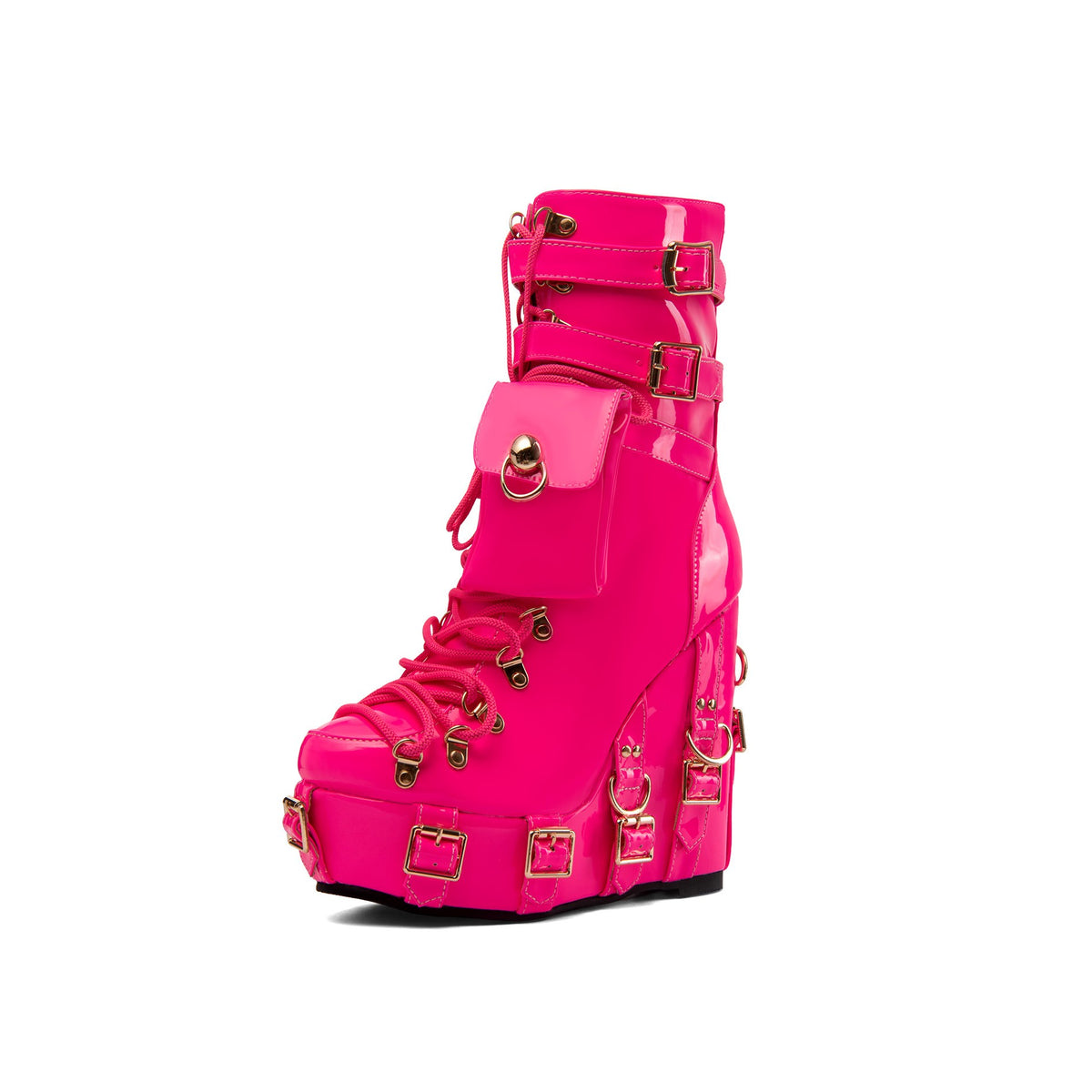 Fuchsia Gothic Multi-Buckle Platform Wedge Ankle Boots – Punk High Heel Booties