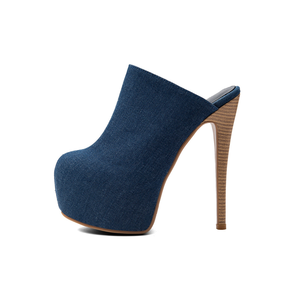 Peacock Blue Denim Platform Stiletto Sandals – Peep-Toe Runway High Heels