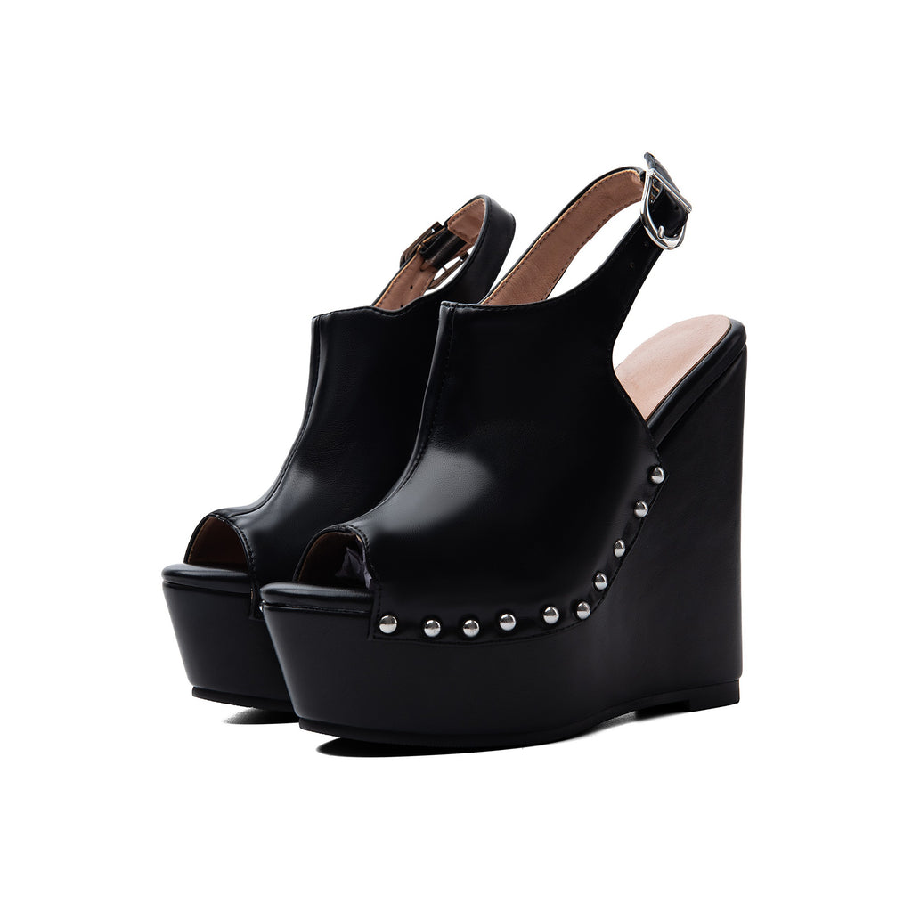 Black One-Strap Platform Wedge Sandals – Peep-Toe Evening High Heels