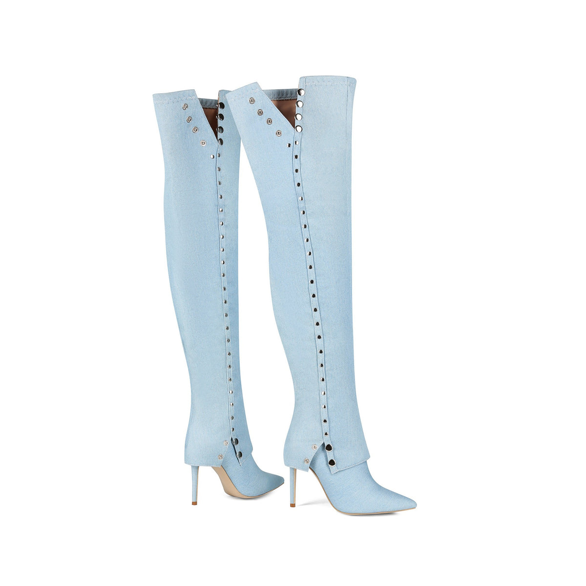 light blue studded foldover thigh-high high heel boots
