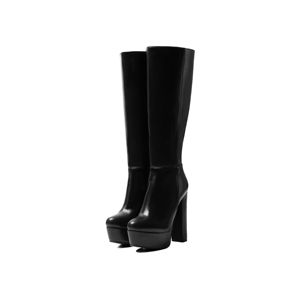 Pair of black leather chunky high heel knee-high boots