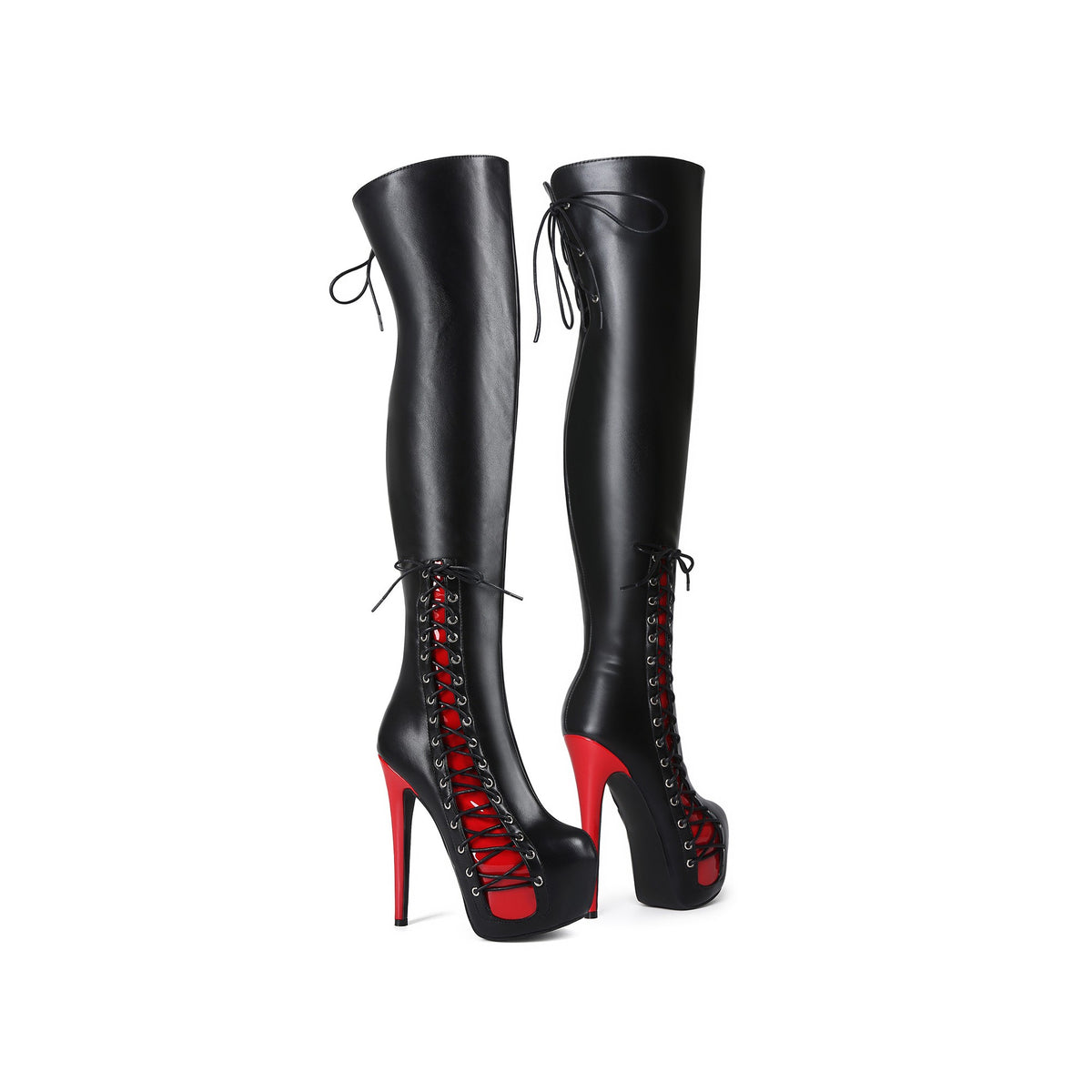 pair of women's black and red thigh-high platform boots
