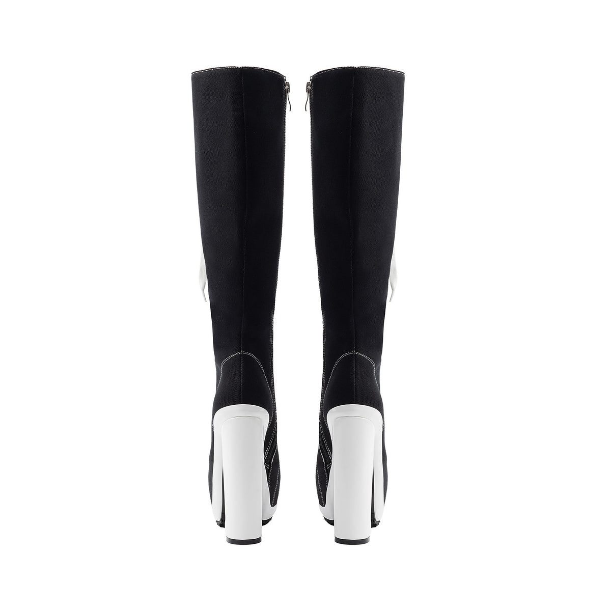 women's black canvas platform knee-high boots with white block heels and contrast stitching