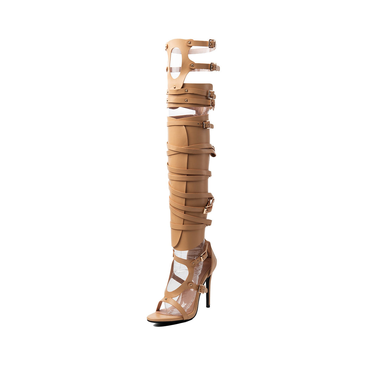 beige strappy over-the-knee gladiator high heel sandal boot
