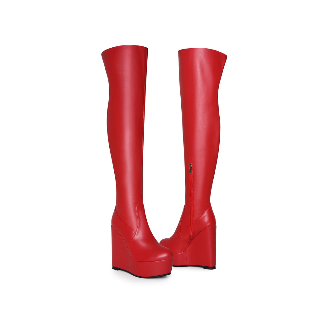 Red Platform Wedge Thigh-High Boots – High Heel Over-the-Knee Boots