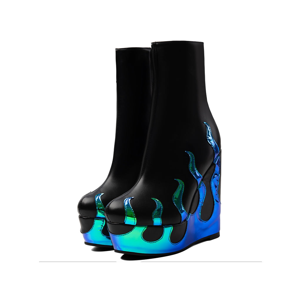 Gothic Flame Sculpted Wedge Ankle Boots – Platform Punk High Heel Booties