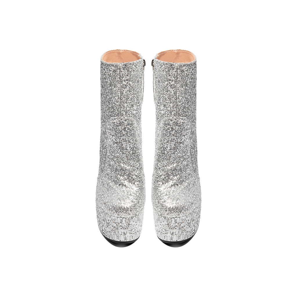 Silver Glitter Platform Ankle Boots – Chunky Block High Heel Shoes
