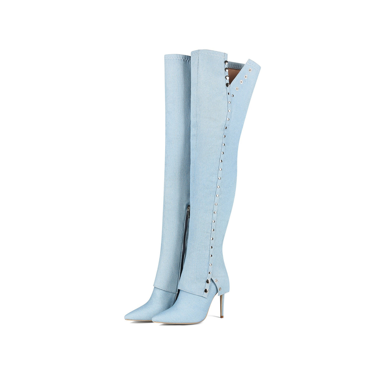 Pair of baby blue over-the-knee stiletto boots with side zipper and studded flap accents