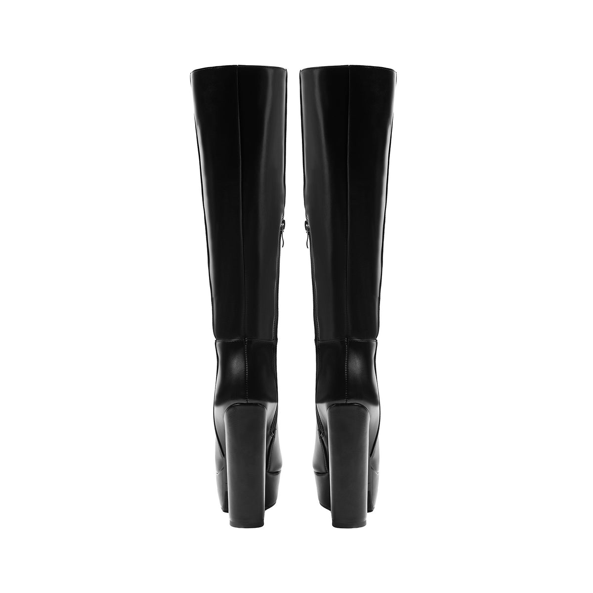 women's black platform knee-high boots showing high block heels