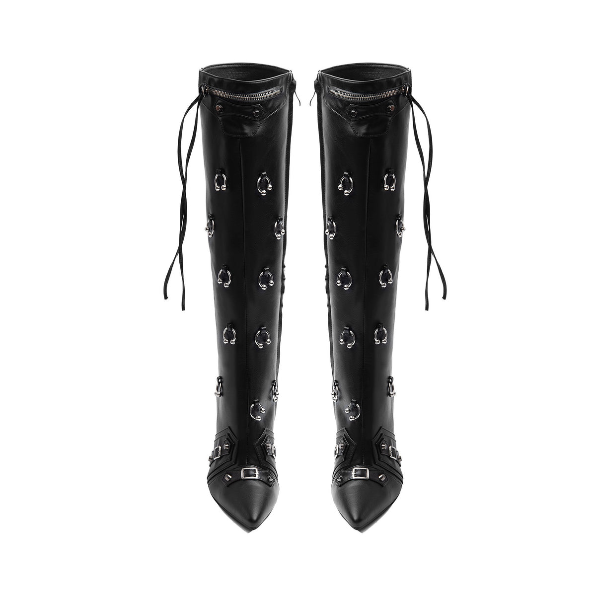 black leather pointed-toe boots featuring all-over silver piercing horseshoe rings
