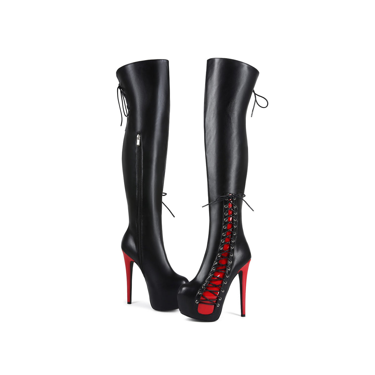 Pair of black thigh-high stiletto boots showing front red lace-up corset panel and inner zippers