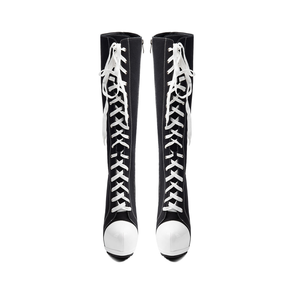 black and white sneaker style lace-up knee-high boots with platform chunky heel