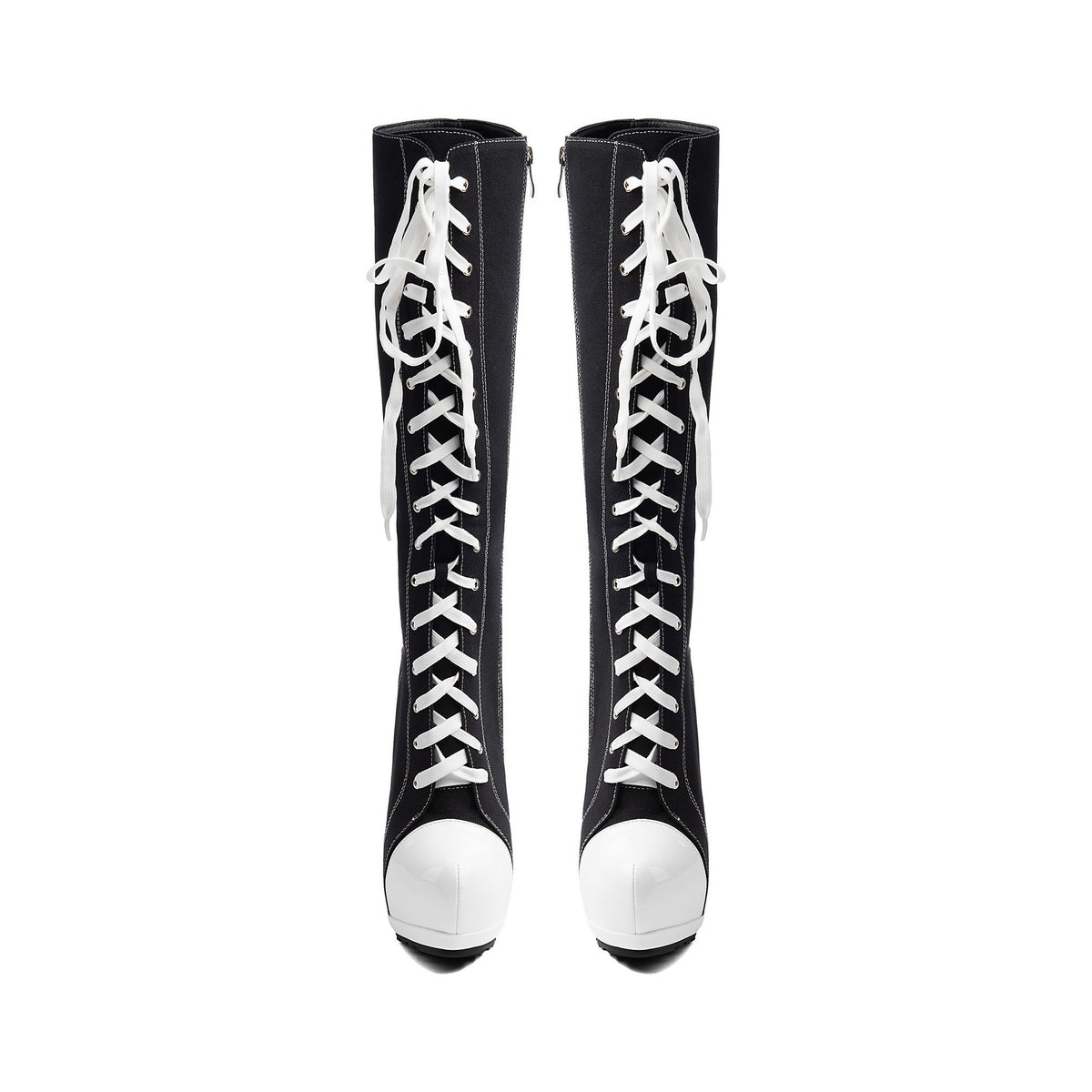 black and white sneaker style lace-up knee-high boots with platform chunky heel