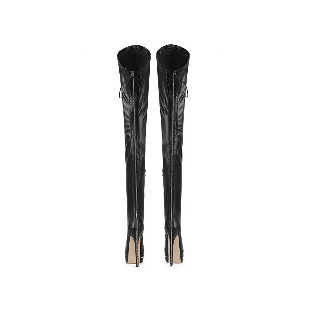 pair of women's black thigh-high boots showing full rear zippers and high stiletto heels
