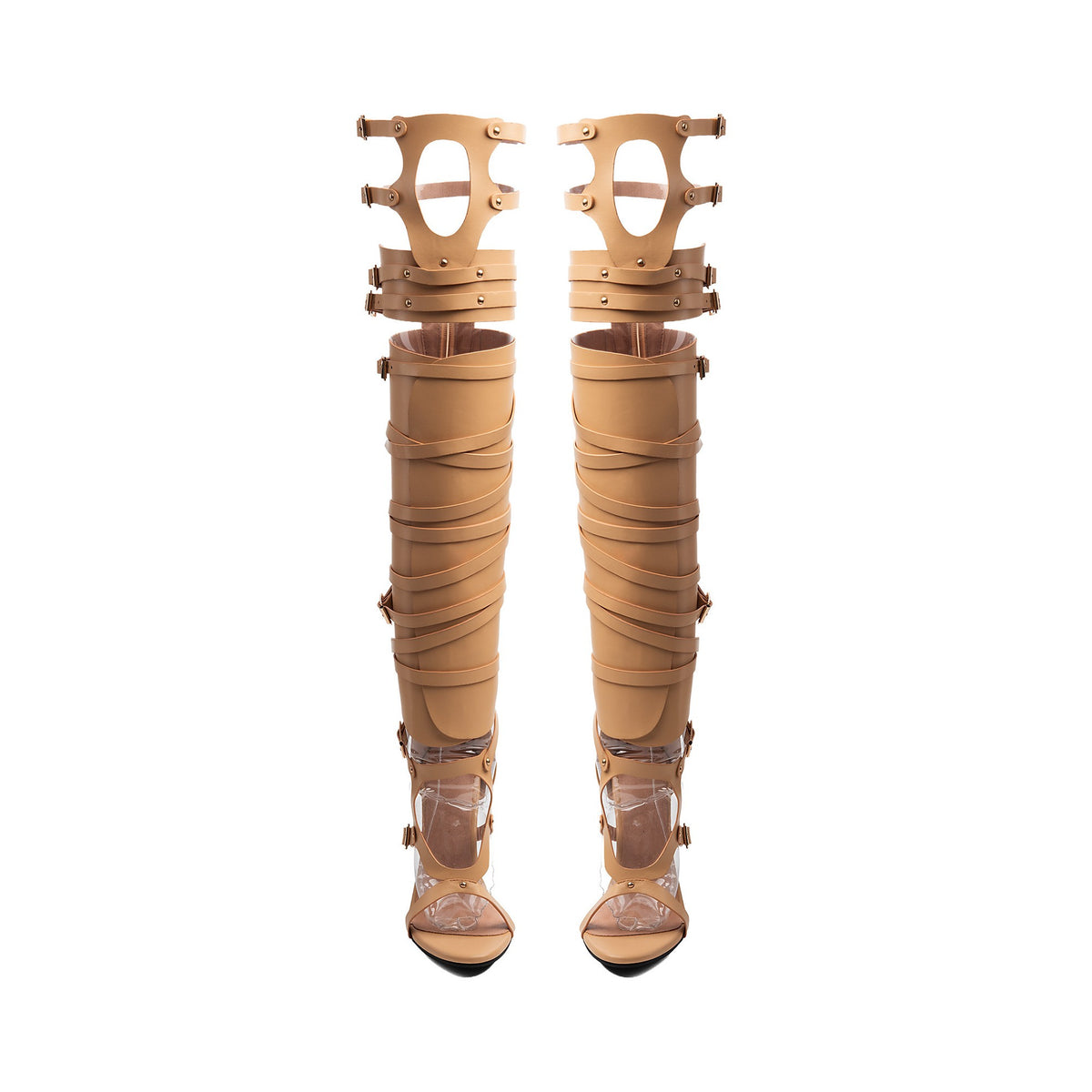 pair of women's nude thigh-high gladiator boots with peep toe and buckle straps
