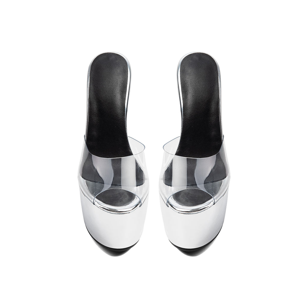 Clear PVC Platform Stiletto Sandals – Metallic Silver Peep-Toe Runway Party Shoes