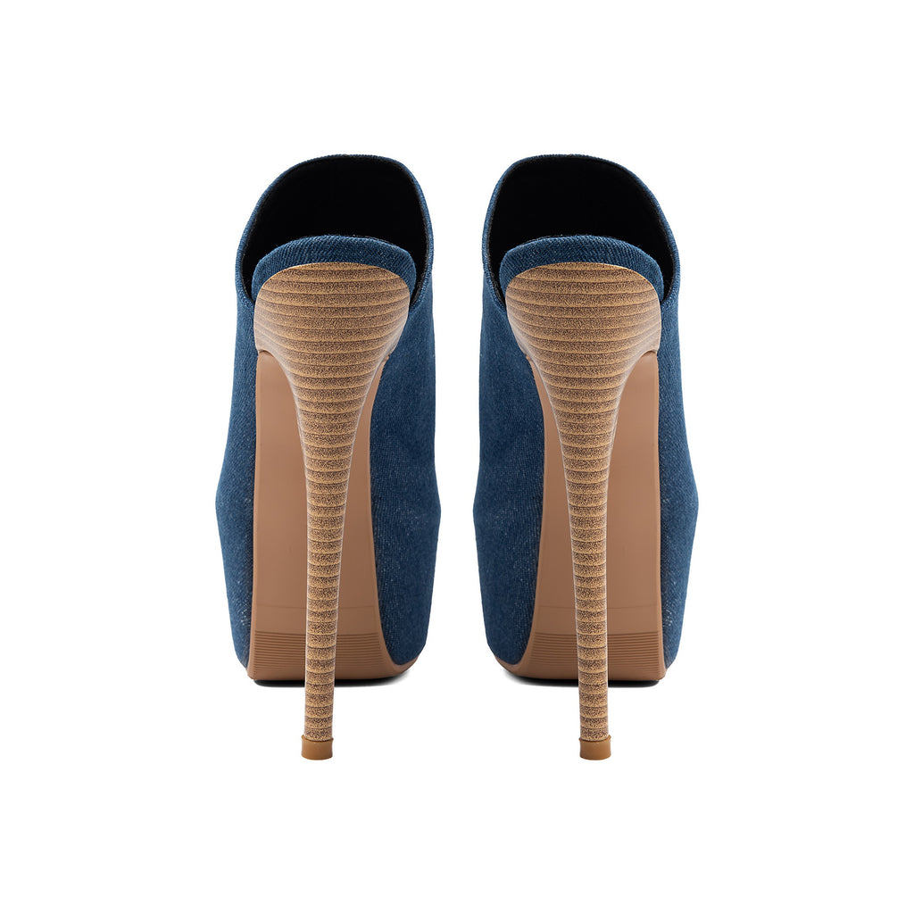 Peacock Blue Denim Platform Stiletto Sandals – Peep-Toe Runway High Heels