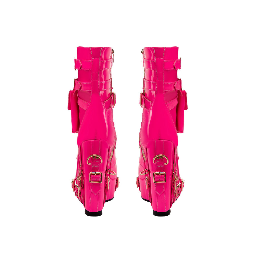 Fuchsia Gothic Multi-Buckle Platform Wedge Ankle Boots – Punk High Heel Booties