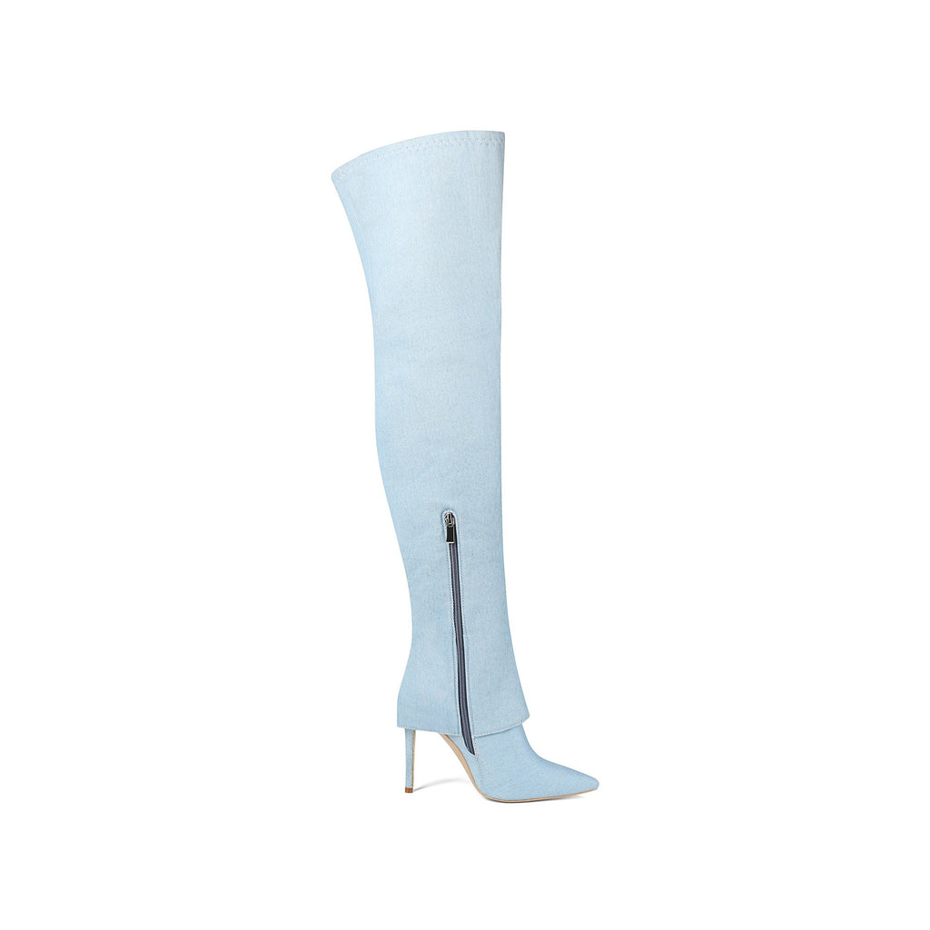 light blue pointed toe thigh-high boot showing inner zipper closure
