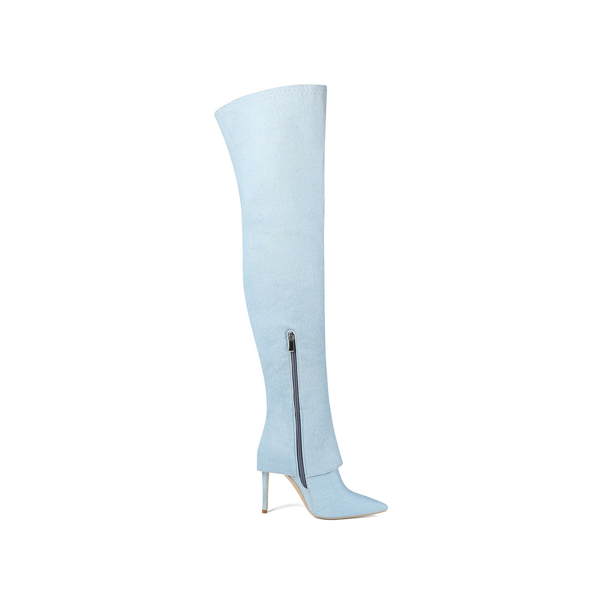 light blue pointed toe thigh-high boot showing inner zipper closure
