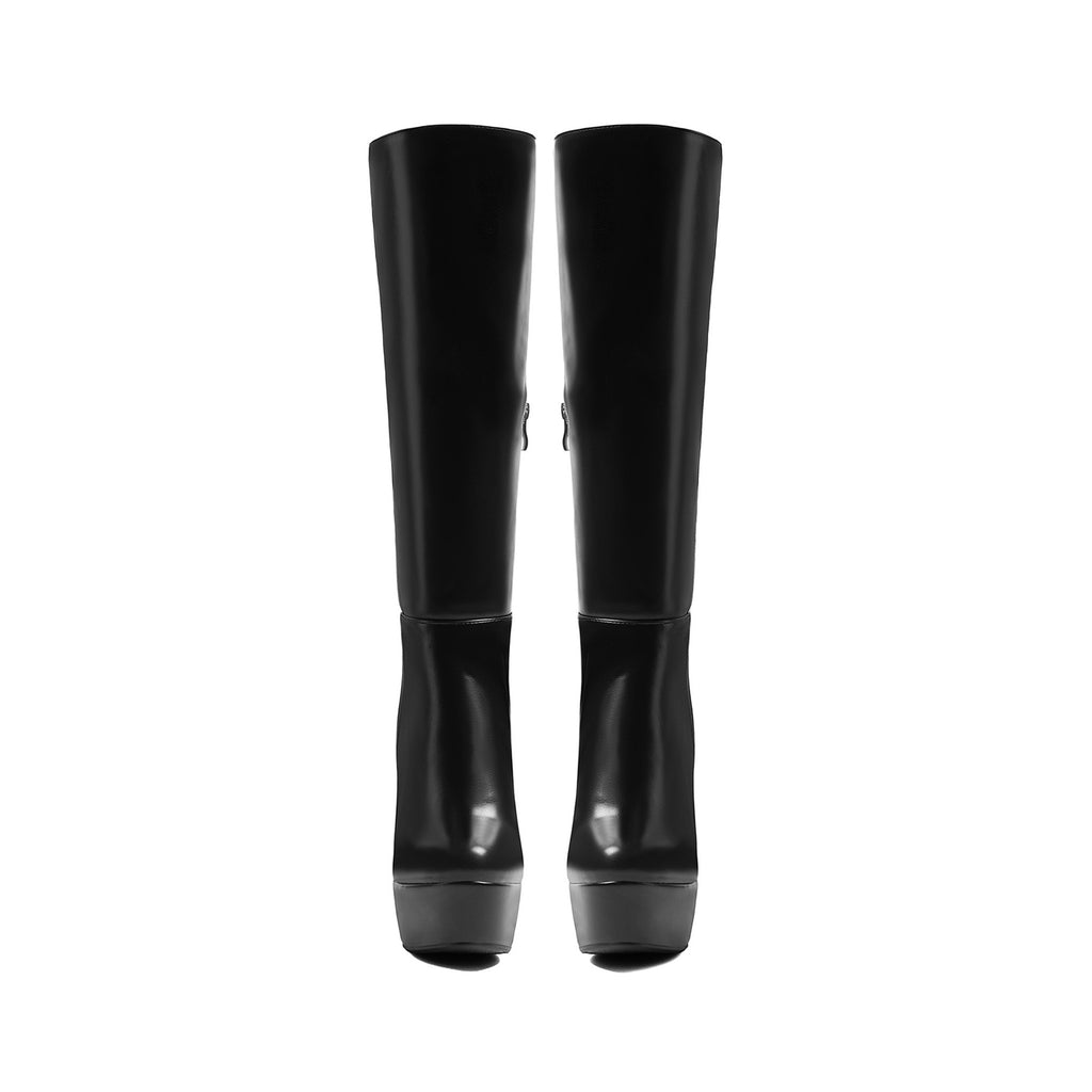 women's black leather platform knee-high high heel boots