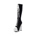 single black canvas lace-up knee-high boot featuring white toe cap and heel