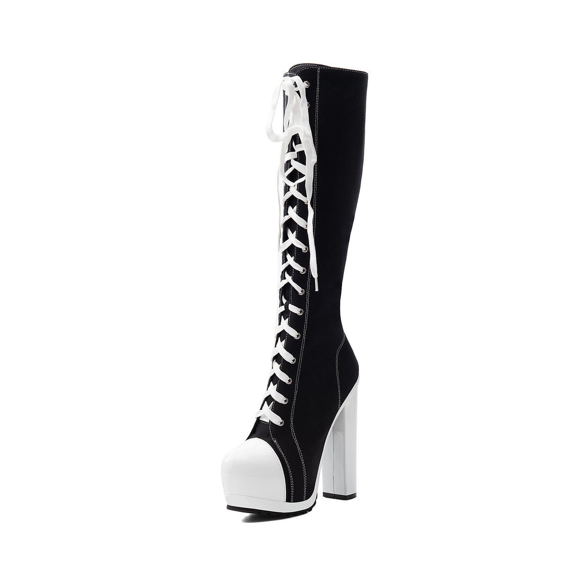 single black canvas lace-up knee-high boot featuring white toe cap and heel
