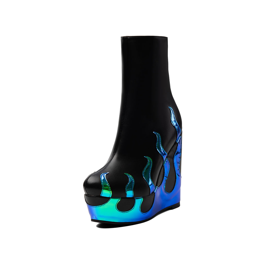 Gothic Flame Sculpted Wedge Ankle Boots – Platform Punk High Heel Booties