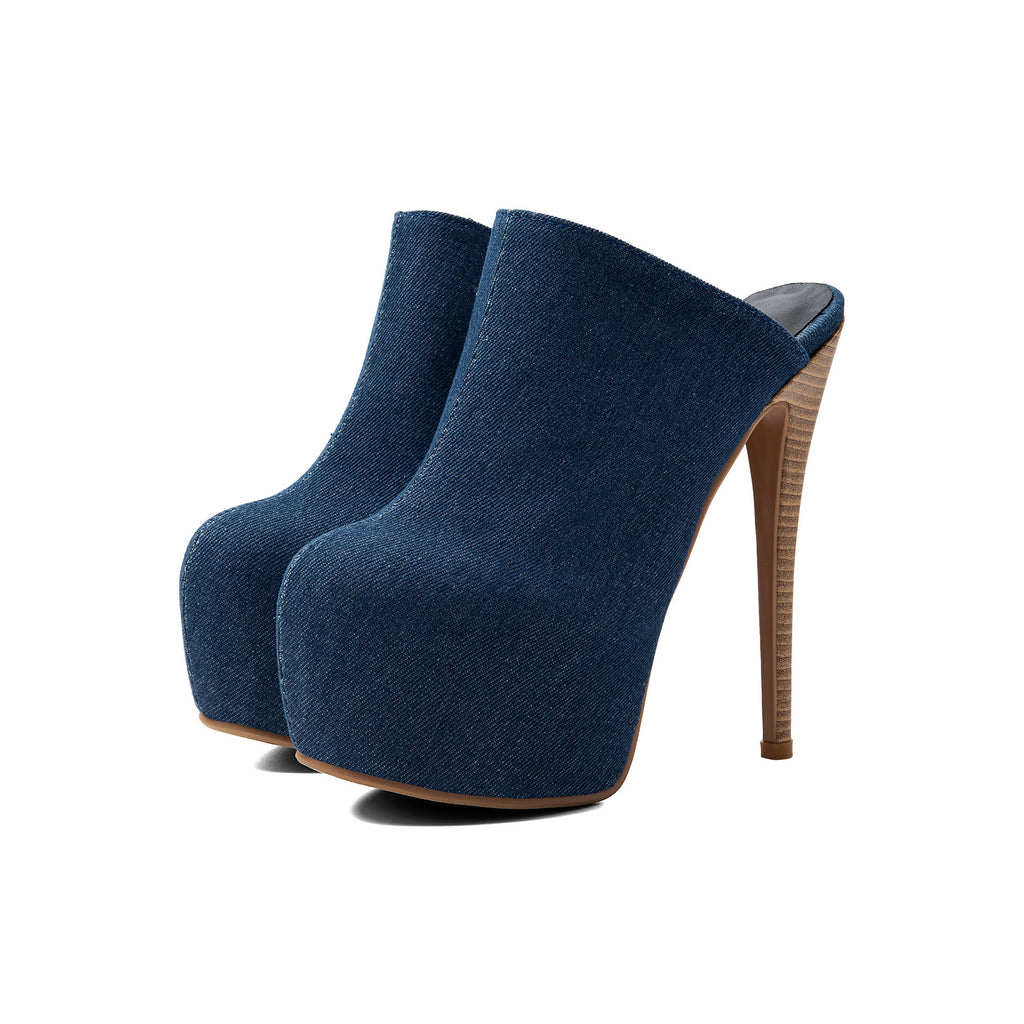 Peacock Blue Denim Platform Stiletto Sandals – Peep-Toe Runway High Heels