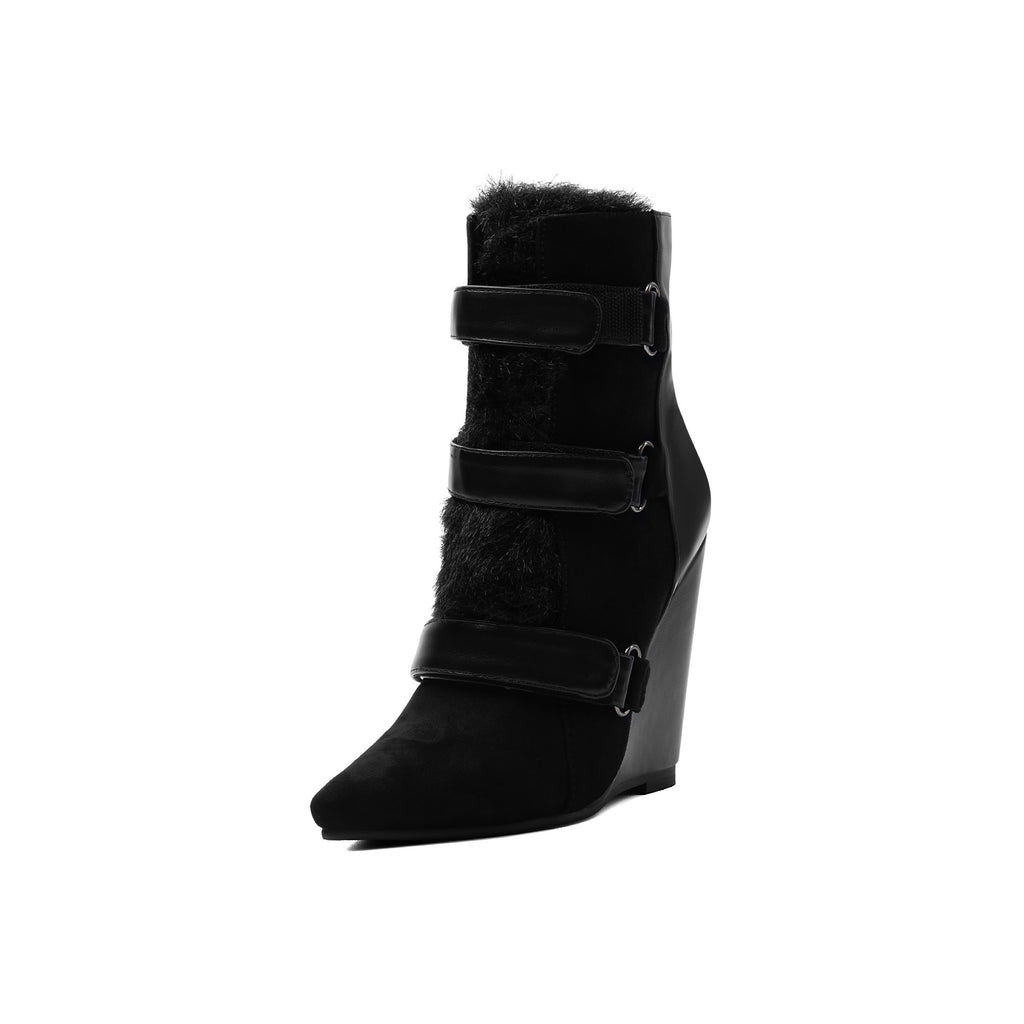 Pointed-Toe Sculpted Wedge Ankle Boots – Suede Black High Heel Booties