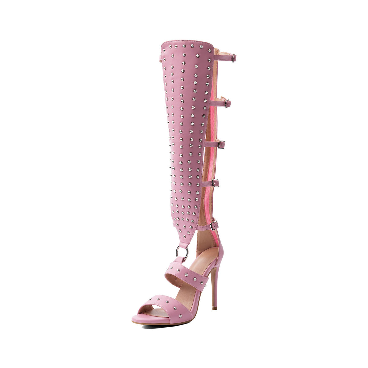Back buckle closures and high stiletto heel detail on women's pink gladiator sandals.