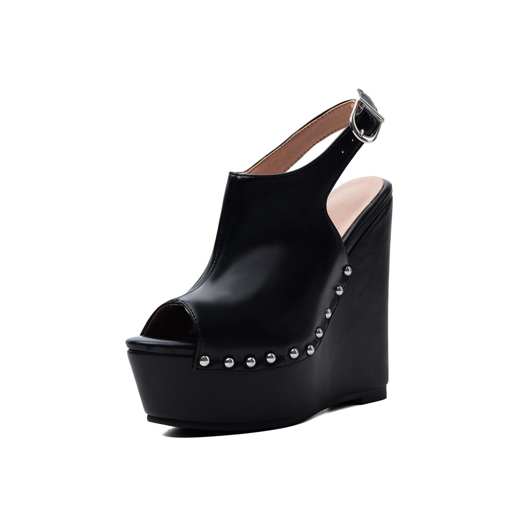 Black One-Strap Platform Wedge Sandals – Peep-Toe Evening High Heels