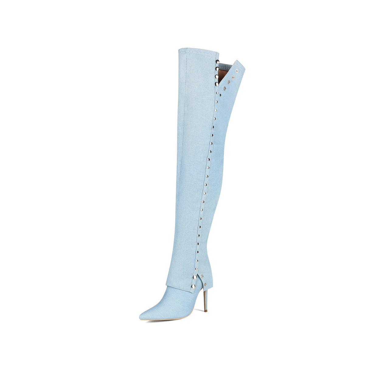 light blue stiletto boot featuring silver rivet trim and foldover shaft
