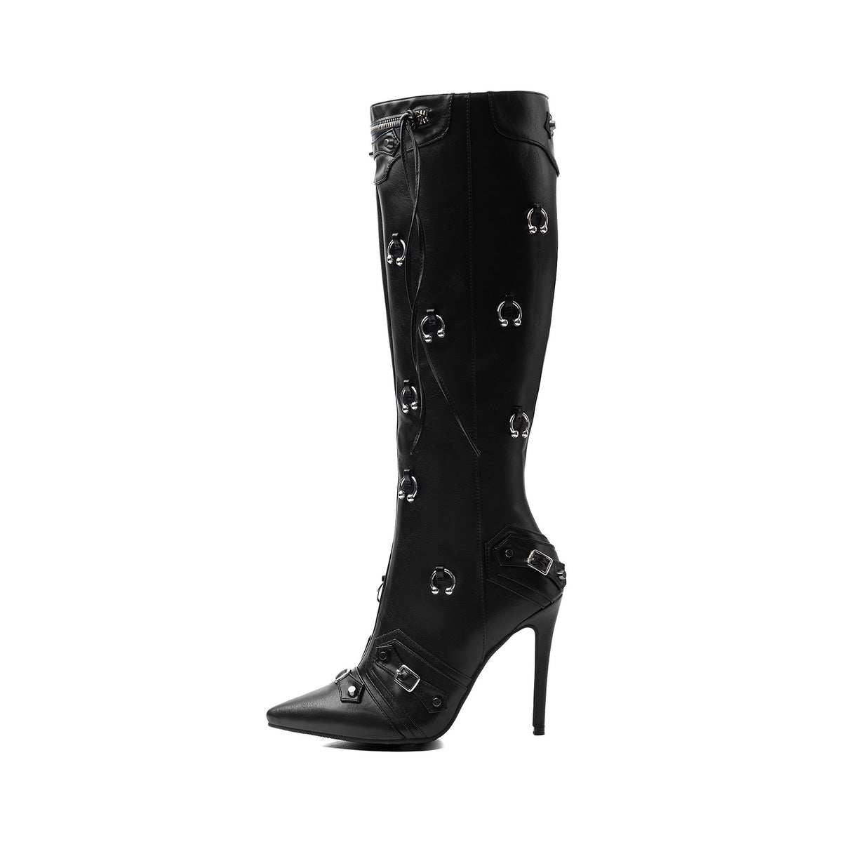 women's black stiletto high heel boot embellished with metallic horseshoe piercing rings
