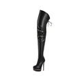 black stiletto thigh-high boot highlighting metal zipper accent along the platform
