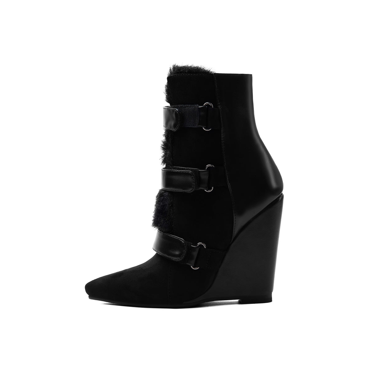 Pointed-Toe Sculpted Wedge Ankle Boots – Suede Black High Heel Booties
