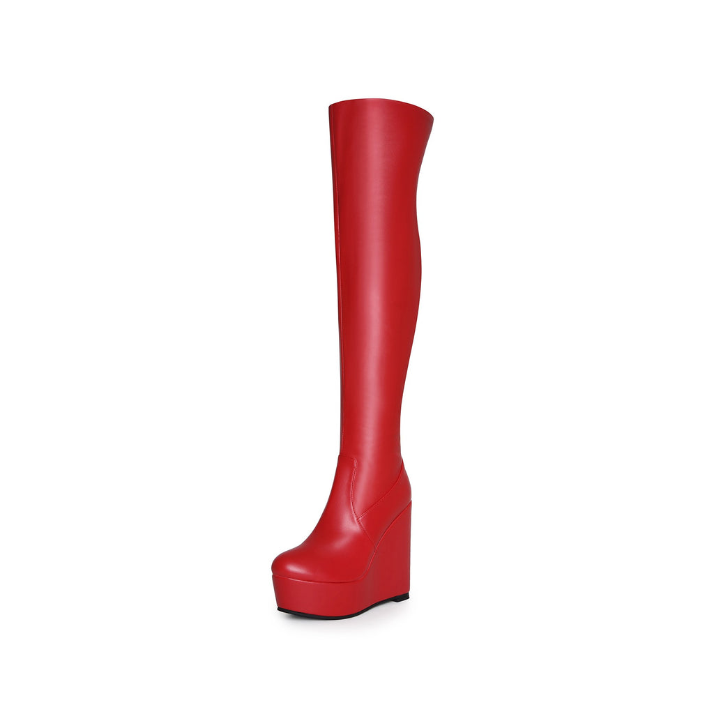 Red Platform Wedge Thigh-High Boots – High Heel Over-the-Knee Boots