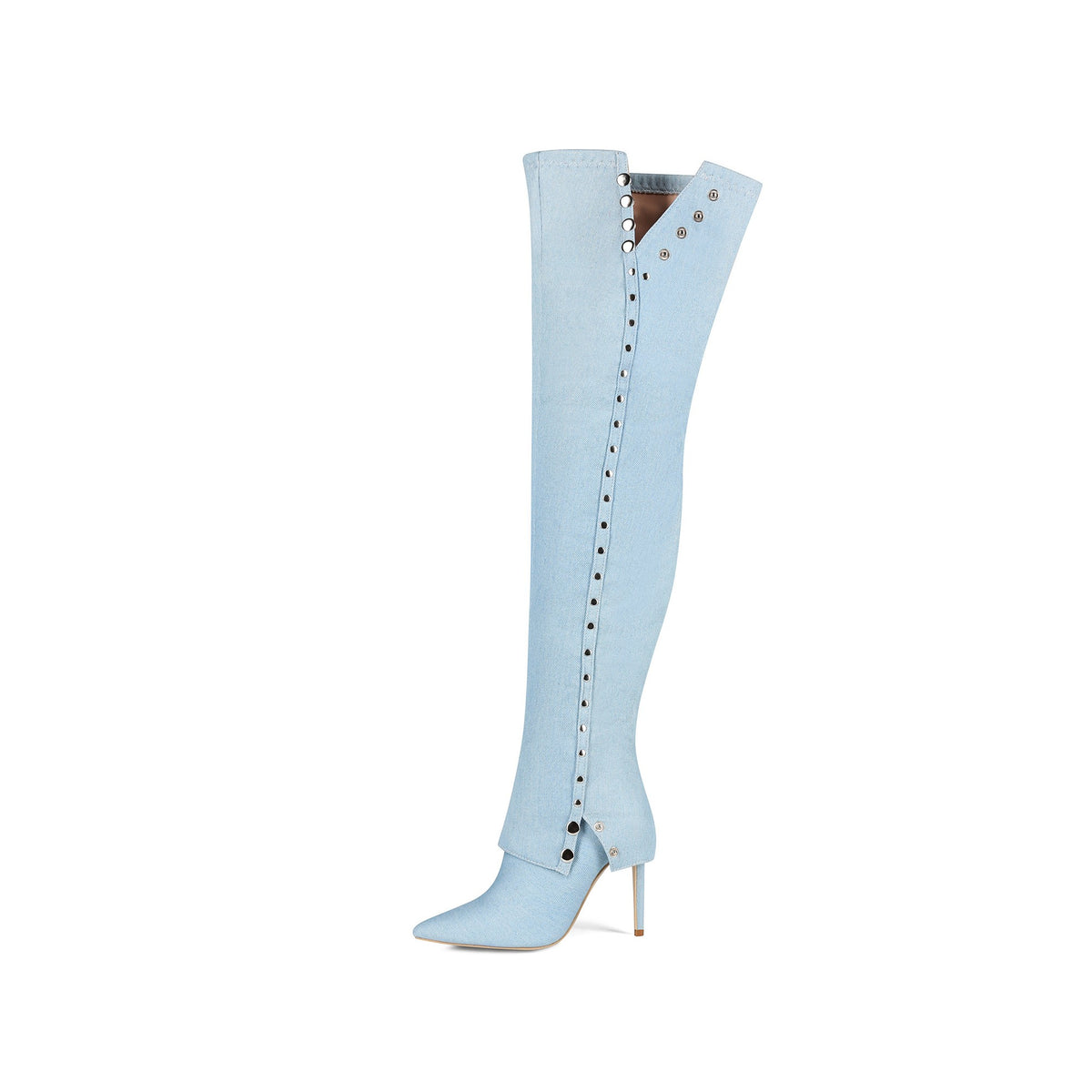 women's baby blue pointed toe high heel thigh-high boot with studs
