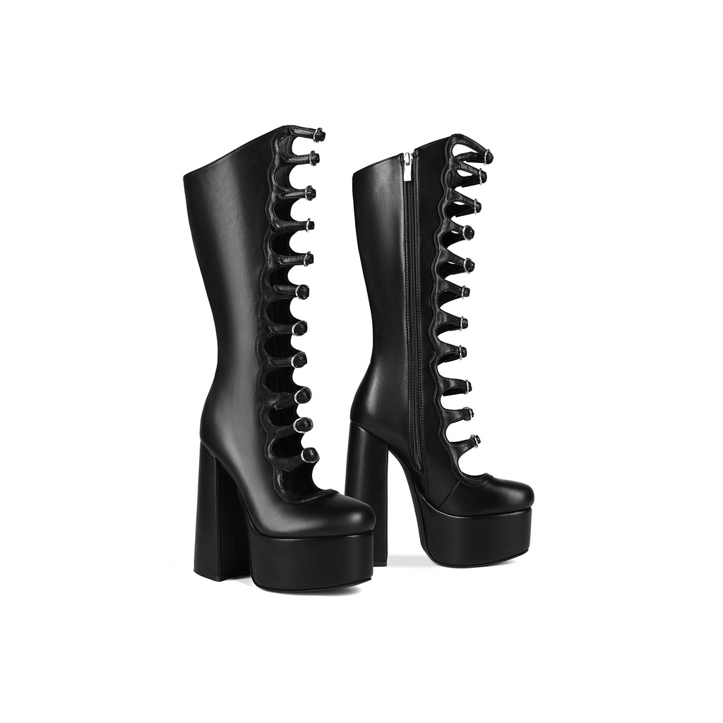 Punk Goth Hollow Buckle Platform Boots – Chunky Block High Heel Shoes