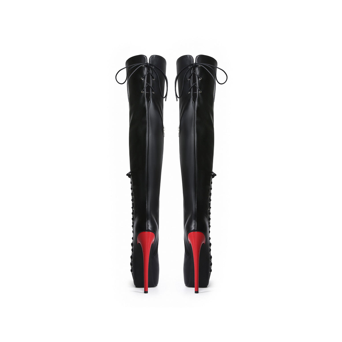 Back view of black over-the-knee boots showing vibrant red stiletto heels and rear thigh ties