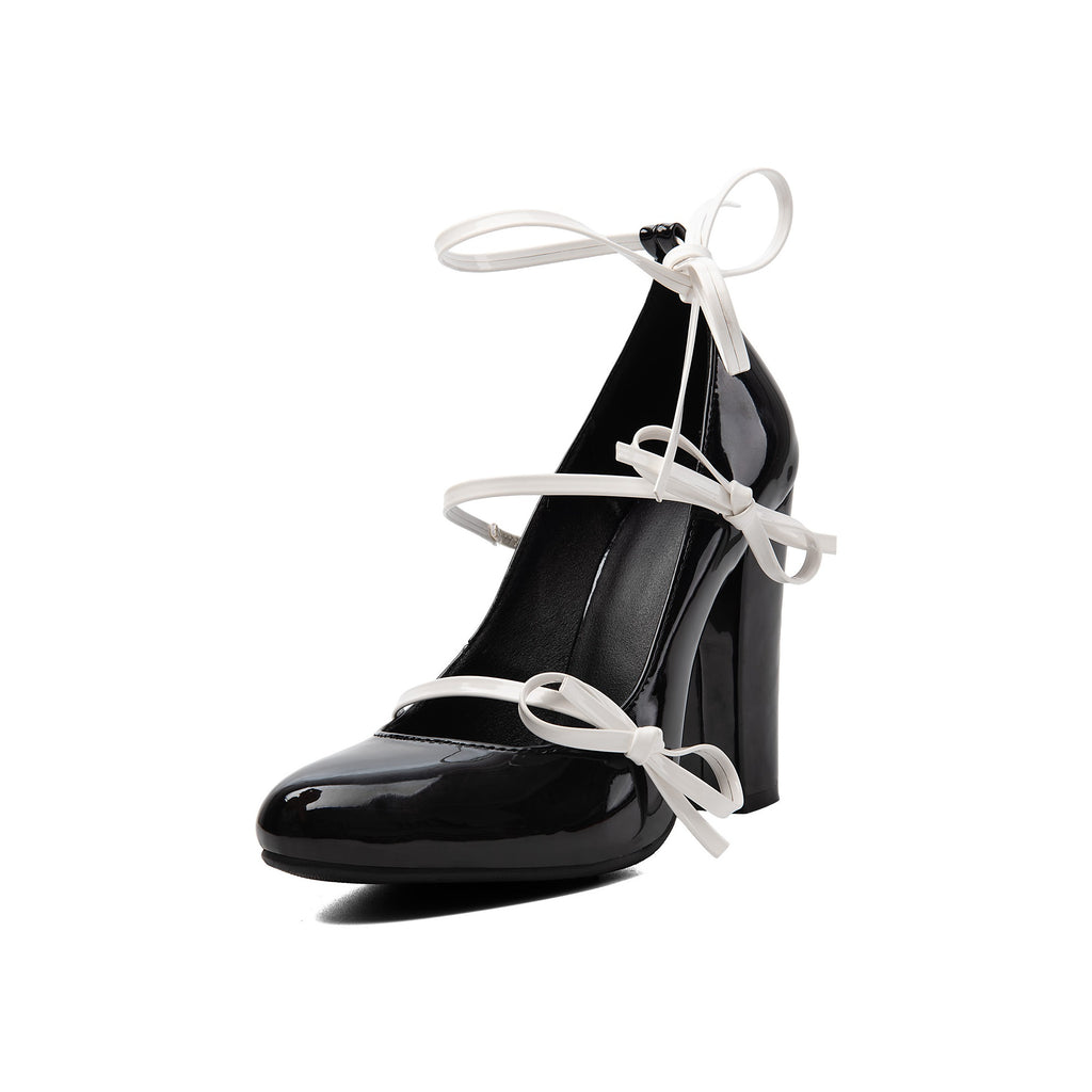 Contrast Bow Triple Strap Mary Janes – Chunky Block High Heel Pumps