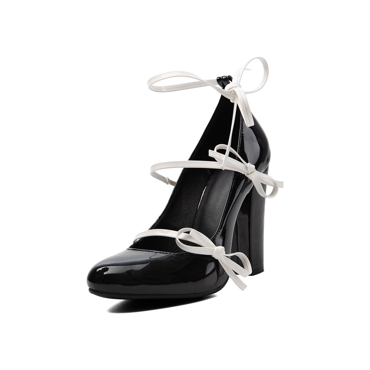 Contrast Bow Triple Strap Mary Janes – Chunky Block High Heel Pumps